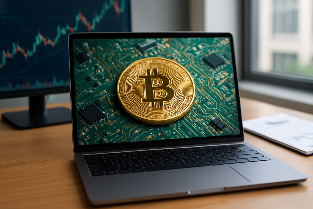 Close-up of a golden bitcoin on a green circuit board displayed on a laptop screen, with a graph on a monitor in the bac