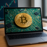 Close-up of a golden bitcoin on a green circuit board displayed on a laptop screen, with a graph on a monitor in the bac
