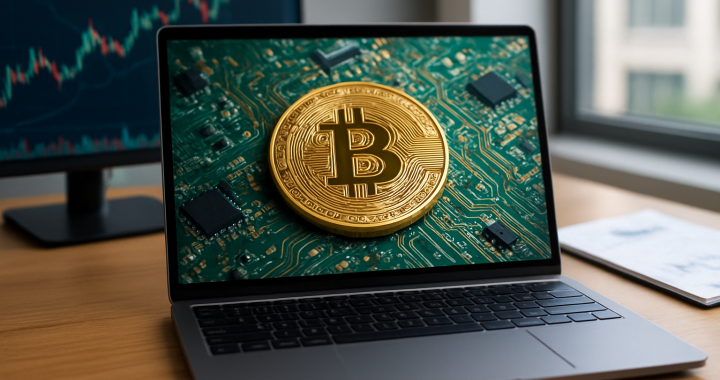 Close-up of a golden bitcoin on a green circuit board displayed on a laptop screen, with a graph on a monitor in the bac