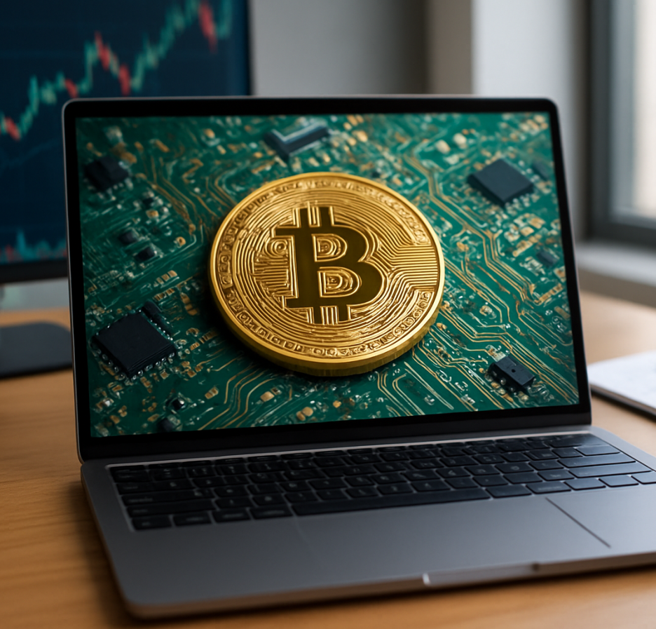 Close-up of a golden bitcoin on a green circuit board displayed on a laptop screen, with a graph on a monitor in the bac