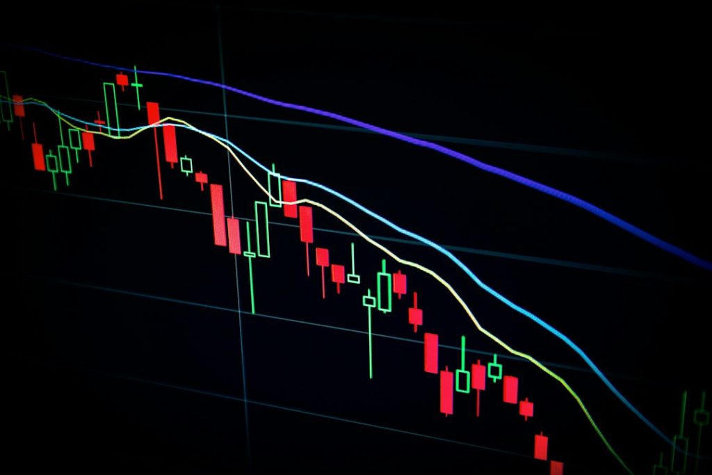Close-up view of a stock market candlestick chart displaying red and green bars