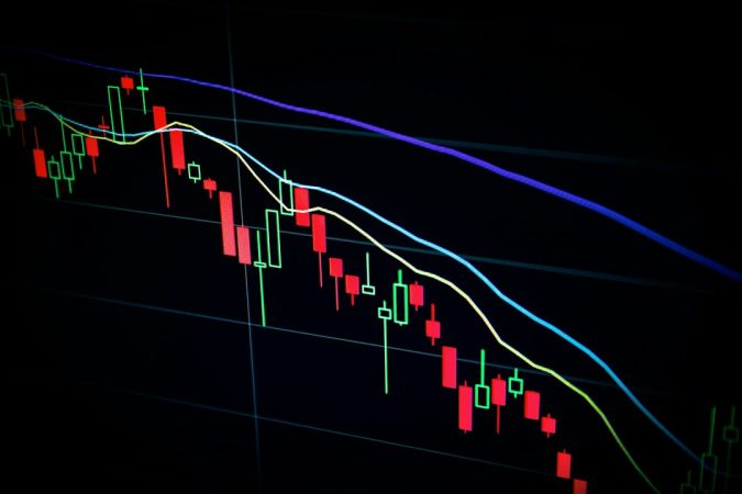 Close-up view of a stock market candlestick chart displaying red and green bars