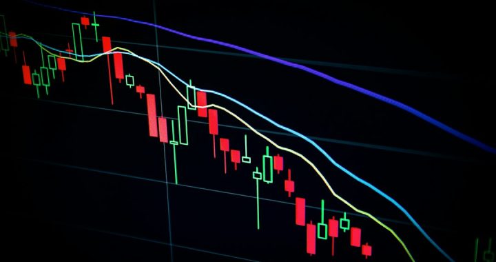 Close-up view of a stock market candlestick chart displaying red and green bars